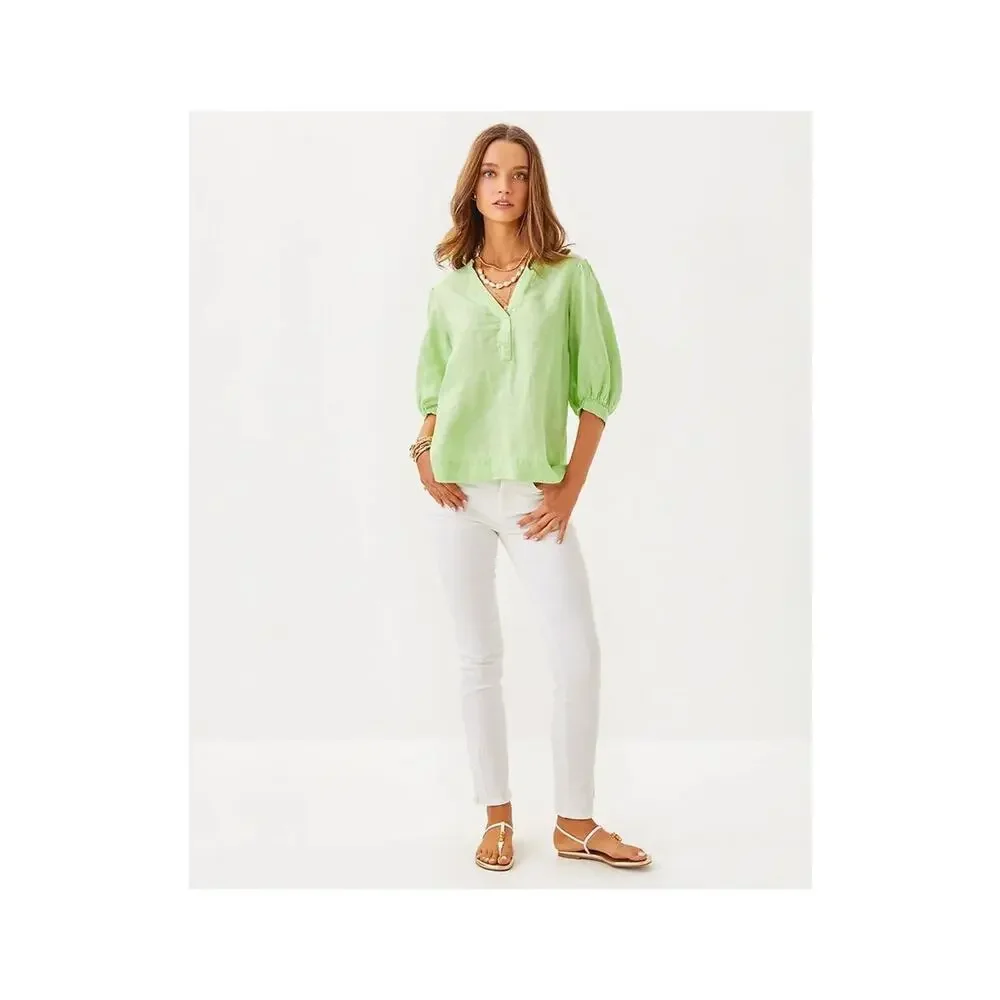 Lilly Pulitzer Maleigh Linen Top Jade Lime Resort Elbow Sleeve Size 8 NWT - Picture 2 of 4